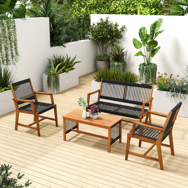 Woven Rope Patio Furniture Group Acacia Wood Grey Cushions Tapered Legs