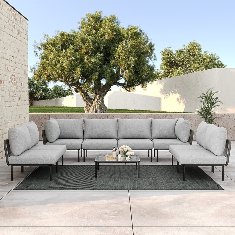 Woven Rope Patio Furniture Group, U-Shaped Set with Beige Cushions