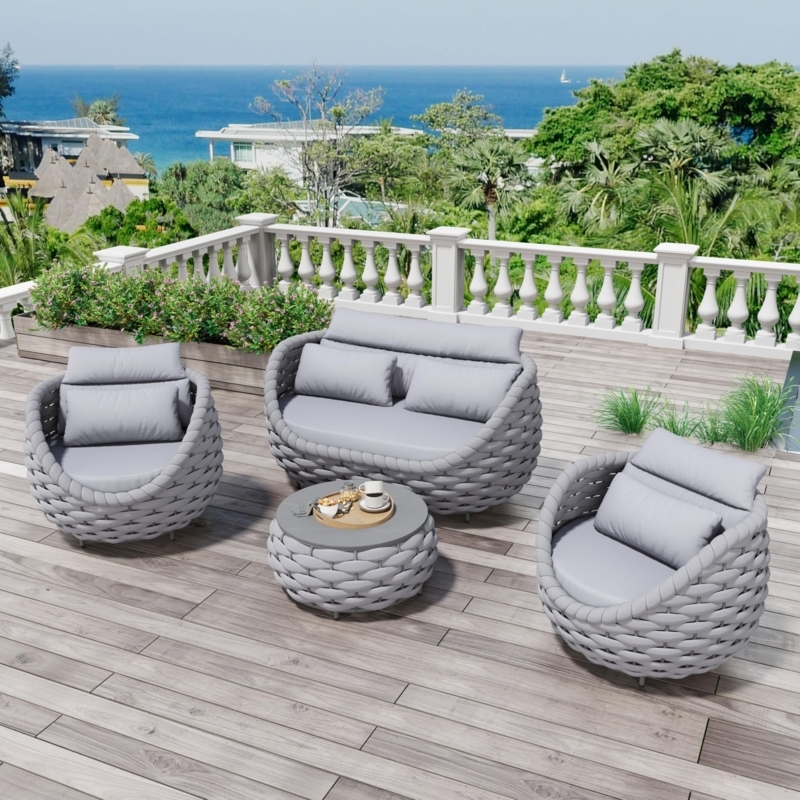 Woven Rope Patio Furniture Set with Slatted Wood Top and Metal Frame