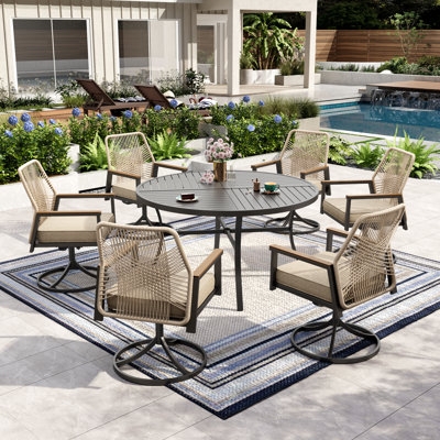 Woven Swivel Patio Dining Set, Round Pedestal Table with Cushions.