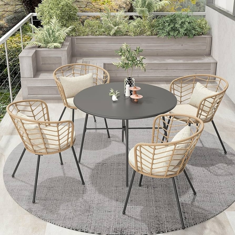 Woven Wicker Armchairs Dining Set Round Table Umbrella Hole