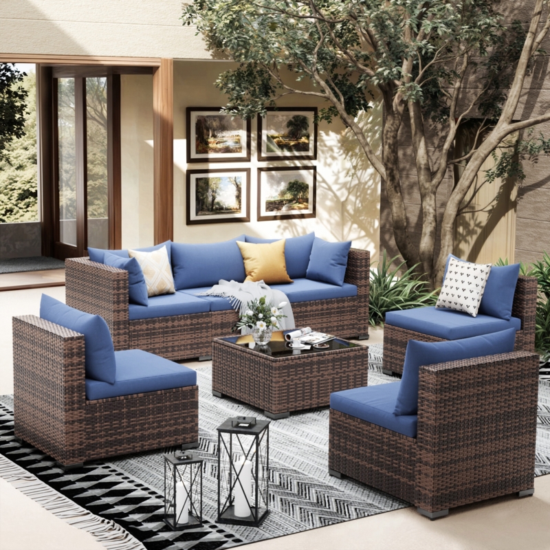 Woven Wicker Outdoor Conversation Set, 7-Piece Modular Transition Style