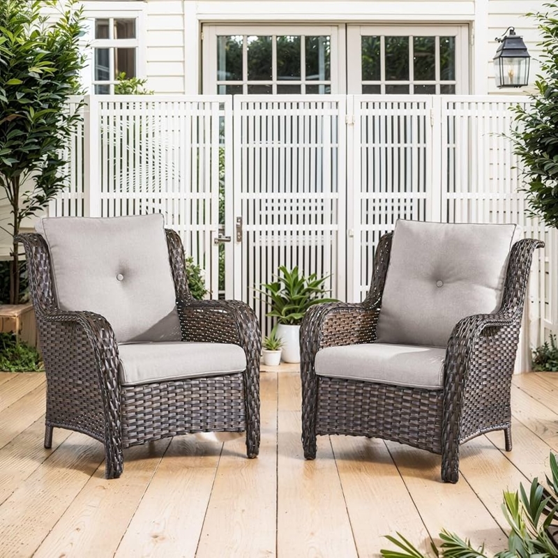 Woven Wicker Patio Chair Set High Back Design Wide Armrests