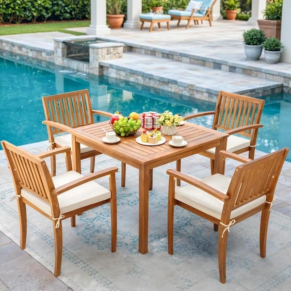 Woven Wicker Patio Dining Set: Square Wood-Toned Slatted Table.