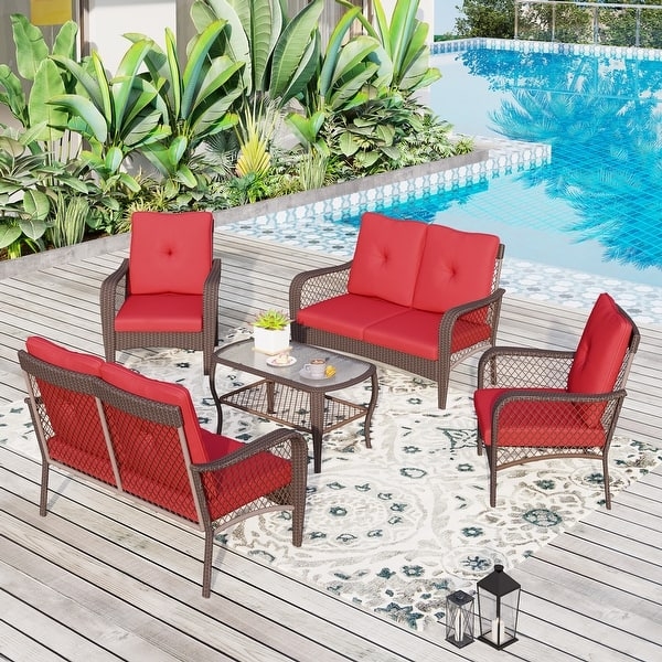Woven Wicker Patio Furniture Set: Glass Top Table, Charcoal and White