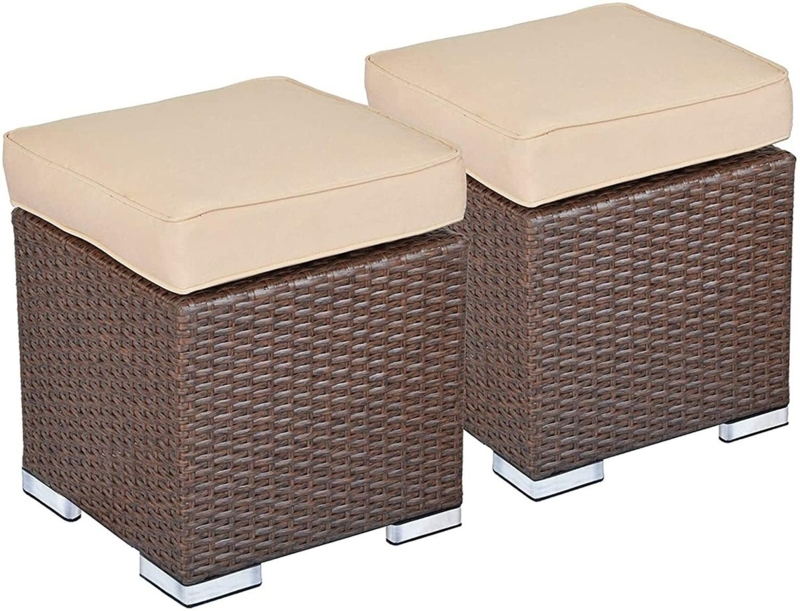 Woven Wicker Patio Ottoman Set featuring Block Base and Neutral Palette