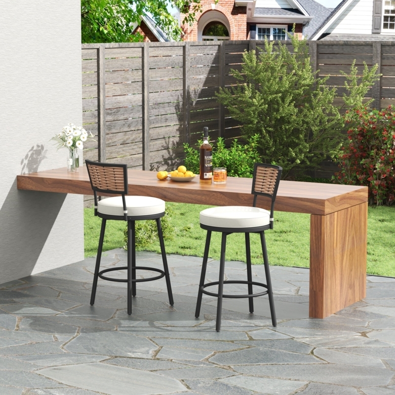 Woven Wicker Swivel Bar Stools Black Metal Frame Set of Four Patio