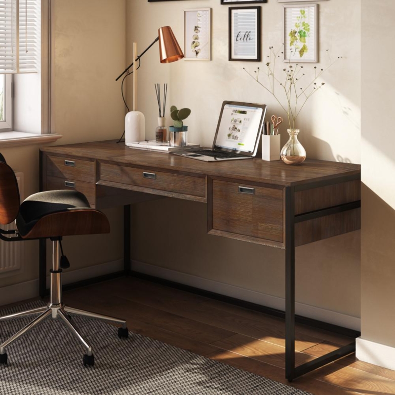 Writing Desk Acacia Wood Recessed Pulls Mid-Century