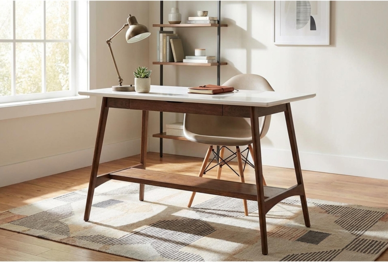 Writing Desk Acorn Finish Gold Hardware Accents Mid-Century Modern