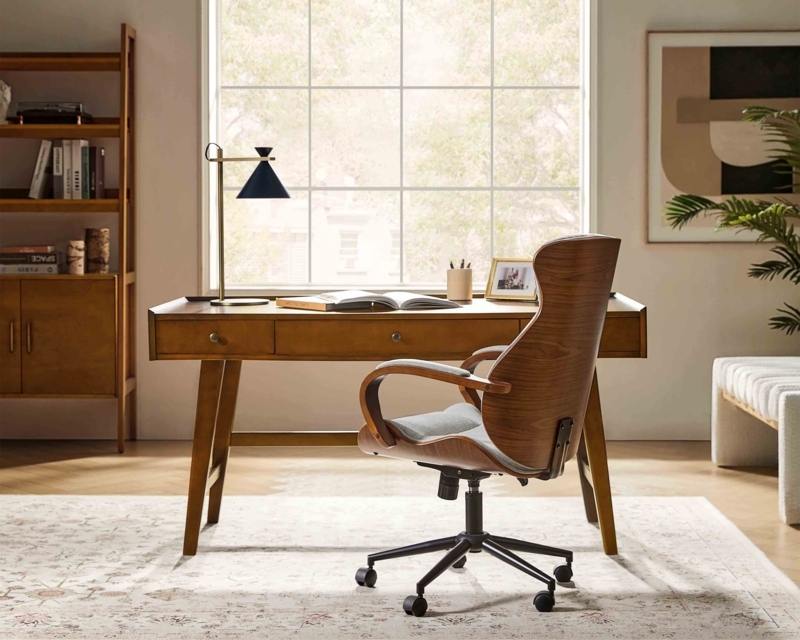 Writing Desk Acorn Wood Finish Tapered Legs Brushed Gold Accents