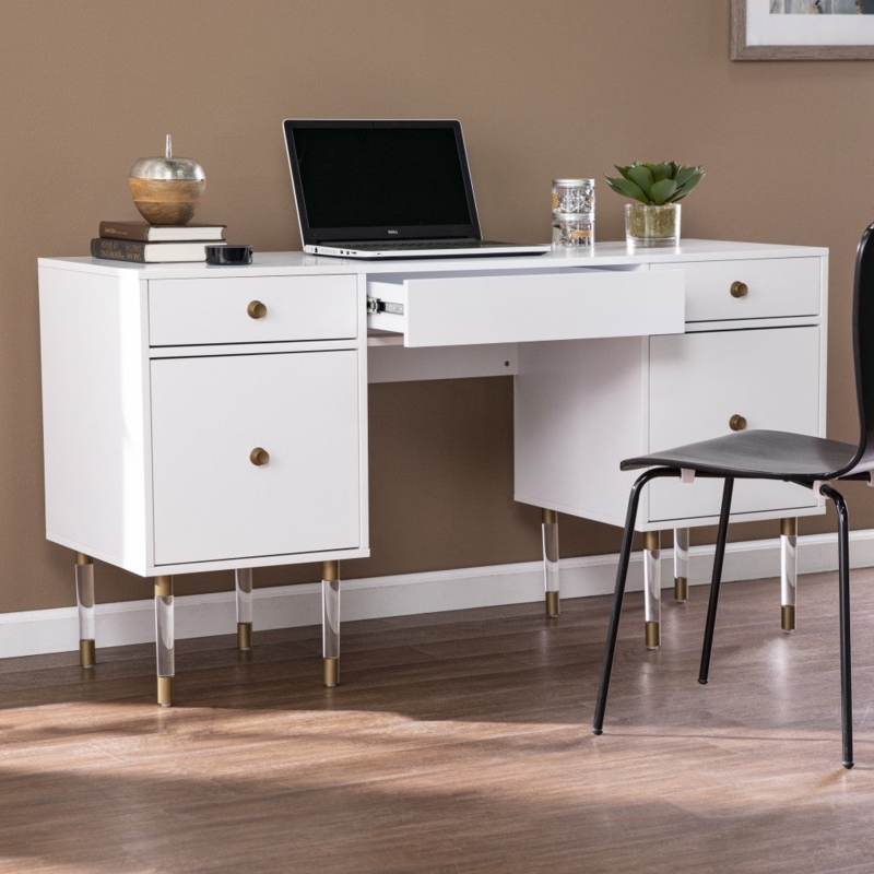 Writing Desk Acrylic Legs Four Drawers Silver Hardware Contemporary
