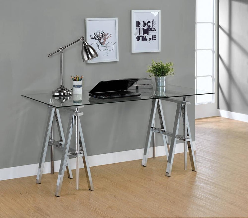 Writing Desk Adjustable Height Clear Glass Top Silver Metal Frame