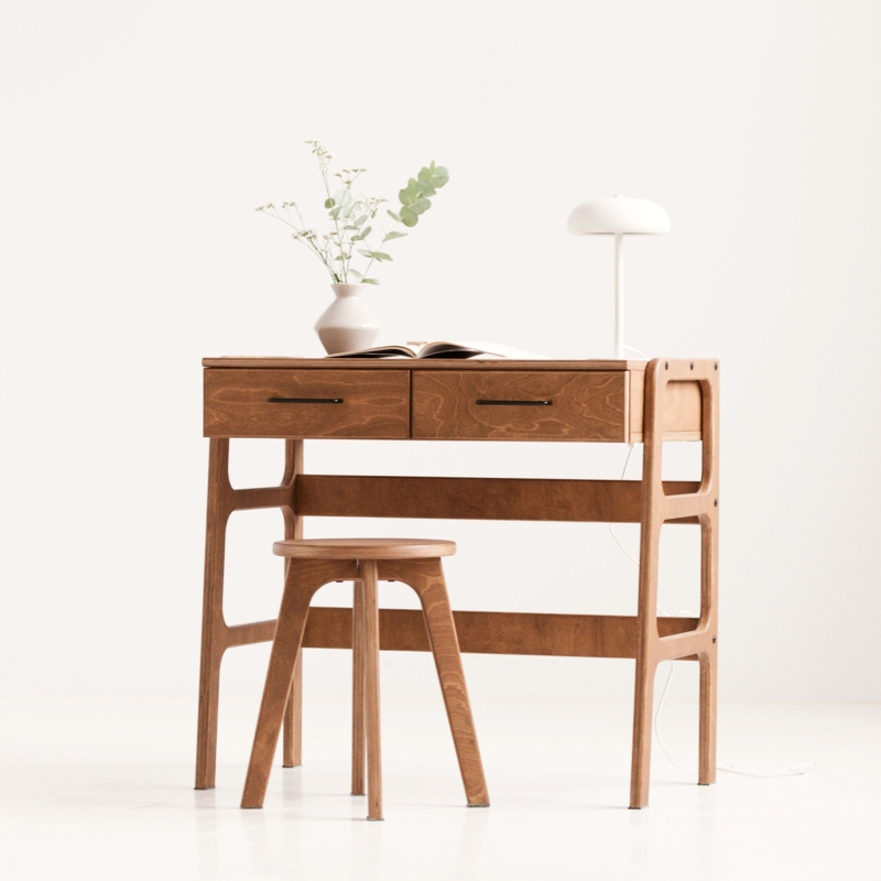 Writing Desk Angled Apron Design Warm Brown Mid-Century Modern