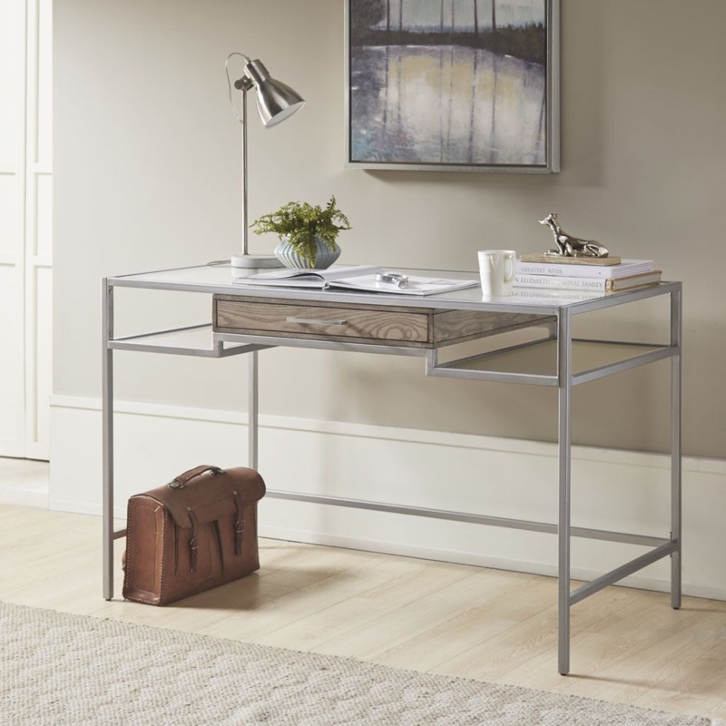 Writing Desk Antique Silver Finish Tapered Legs Transitional Glam