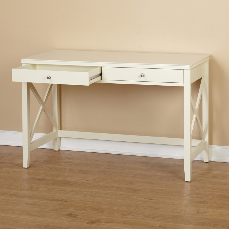 Writing Desk Antique White Two Tone X Base Legs Cup Pulls Coastal Style