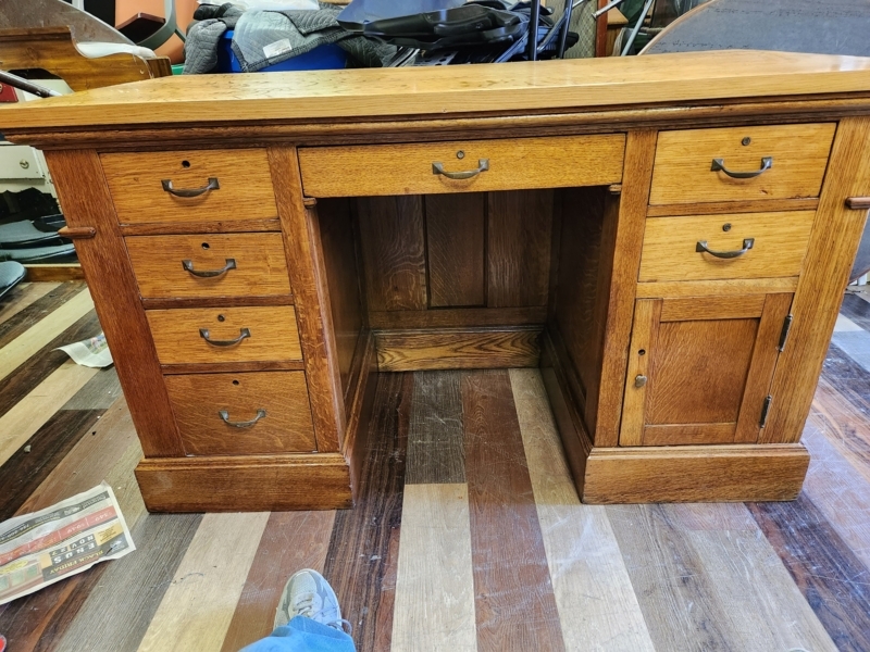 Writing Desk Asymmetric Drawer Pedestal Tapered Legs Vintage Oak Setup