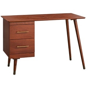 Writing Desk Asymmetrical Drawers Brushed Brass Pulls Walnut Retro