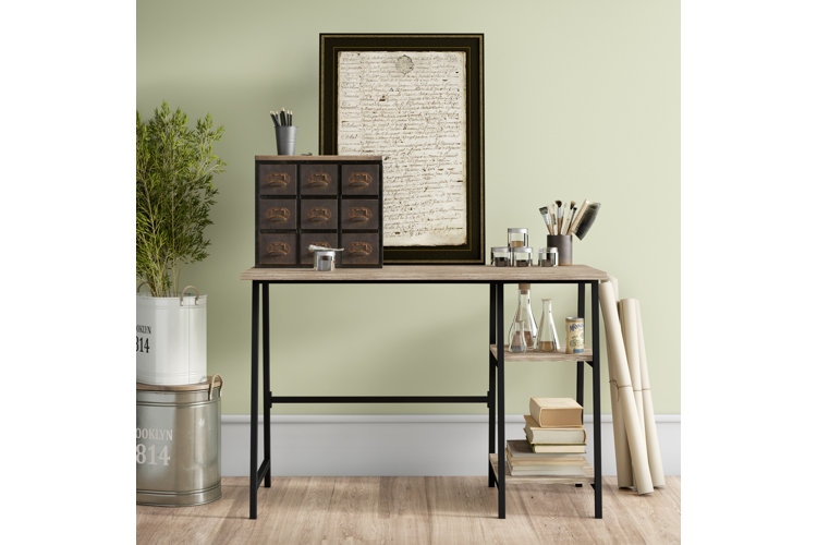 Writing Desk Black Metal X-Frame Light Brown Wood Toned High Contrast