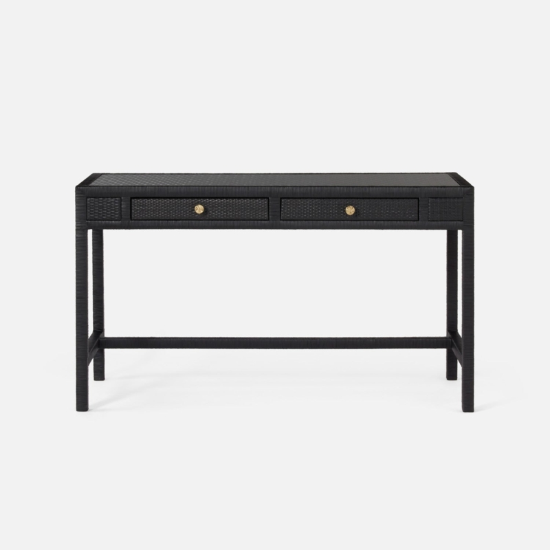 Writing Desk Black Peeled Rattan Finish Parsons Legs Woven Texture