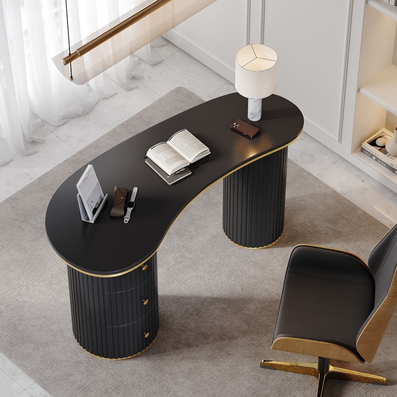 Writing Desk Black Ribbed Pedestal Matte Curved Desktop