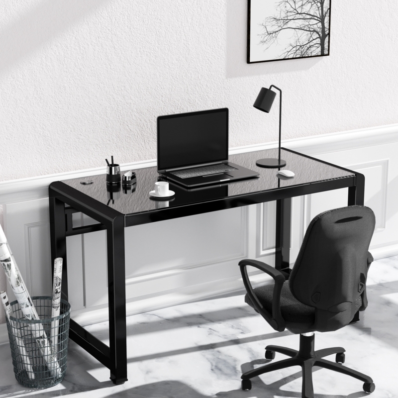 Writing Desk Black Tempered Glass Top K-Shaped Frame Industrial Modern