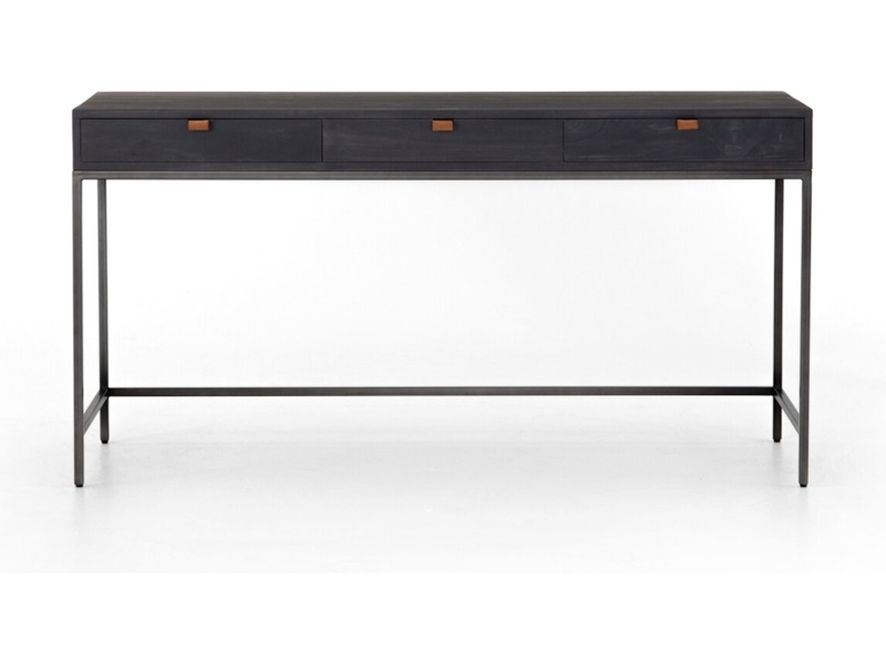 Writing Desk Black Washed Finish Block Legs Three Drawer Contemporary