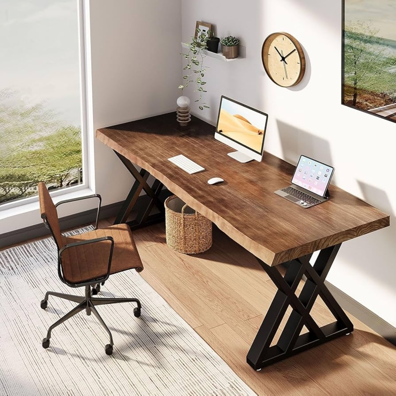 Writing Desk Black X-Frame Legs Thick Wood Top. Metal and Wood.