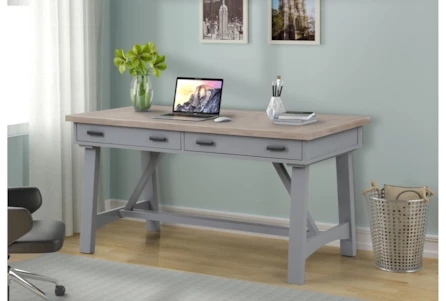 Writing Desk Blue Grey Finish Tapered Legs Two Drawers Transitional Style