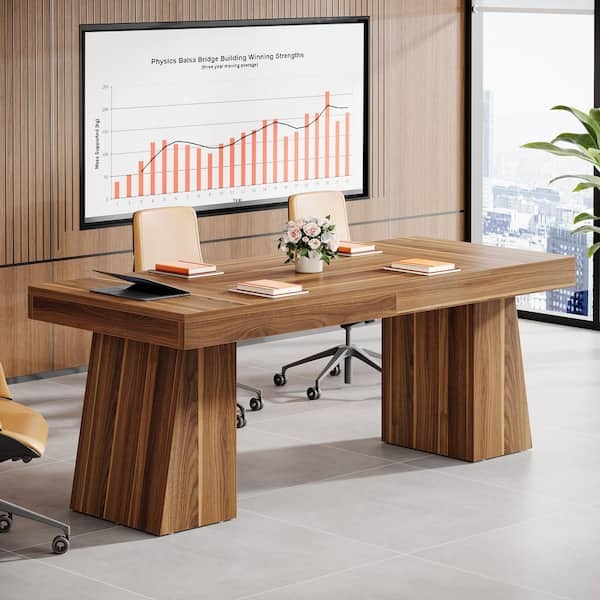 Writing Desk Brown Wood Thick Top Black Trapezoidal Legs Industrial