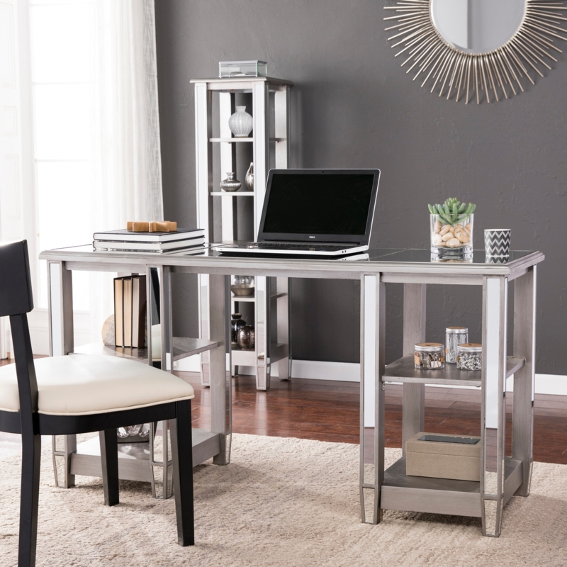 Writing Desk Brushed Matte Silver Mirrored Glass X-Frame Legs