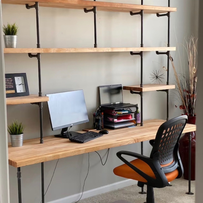 Writing Desk Built-In Niche Vertical Slat Paneling Floating Shelves