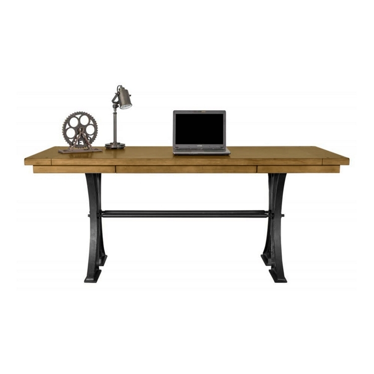 Writing Desk Cast Metal Trestle Base, Ebony Wood Toned Top, Traditional.