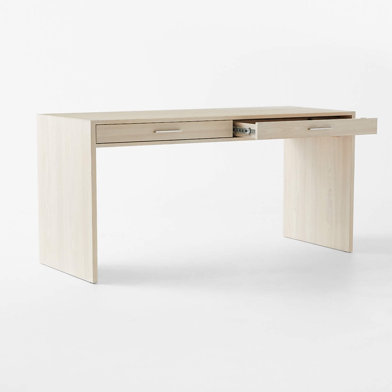 Writing Desk Cerused Texture Block Legs Recessed Drawers Off White