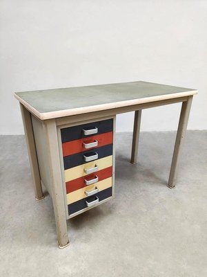 Writing Desk Charcoal Metal Pedestal Drawers Angled Legs Mid-Century