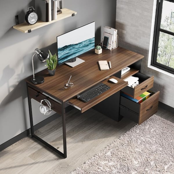 Writing Desk Cherry Finish Industrial Keyboard Tray Open Shelves