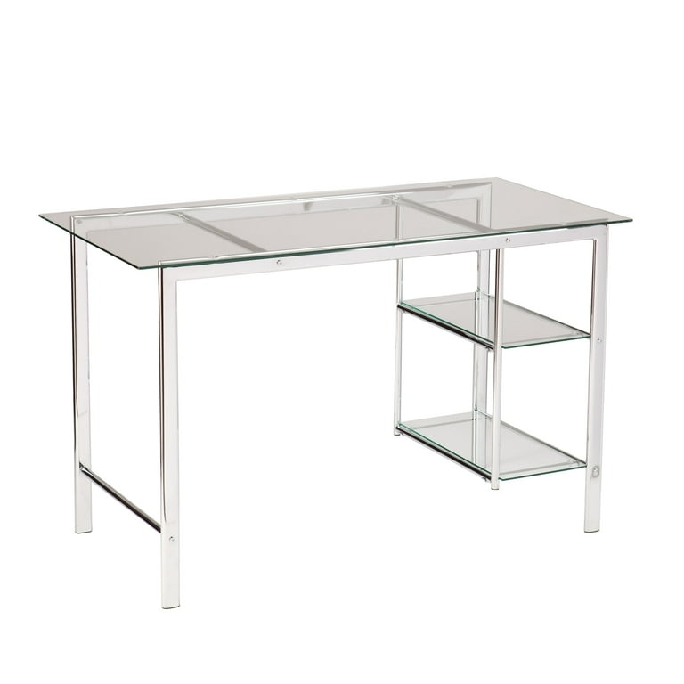 Writing Desk Chrome X-Frame Polished Finish Tempered Glass Top