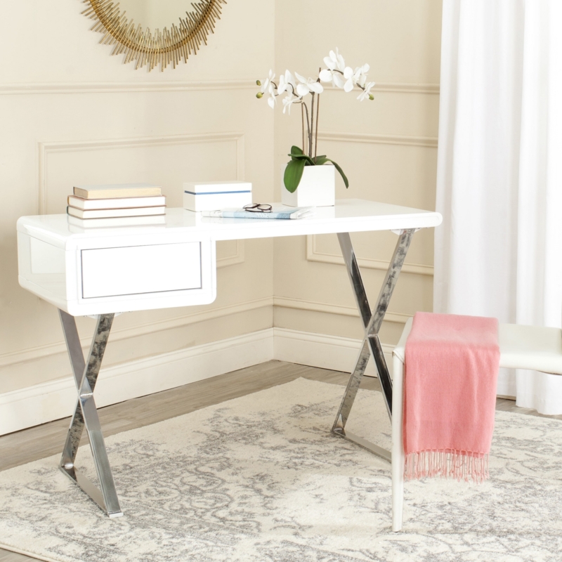 Writing Desk Chrome X Frame Three Drawer Design White Finish