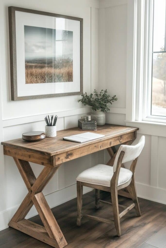Writing Desk Compact Footprint Wood Toned Minimalist Spindle Chair