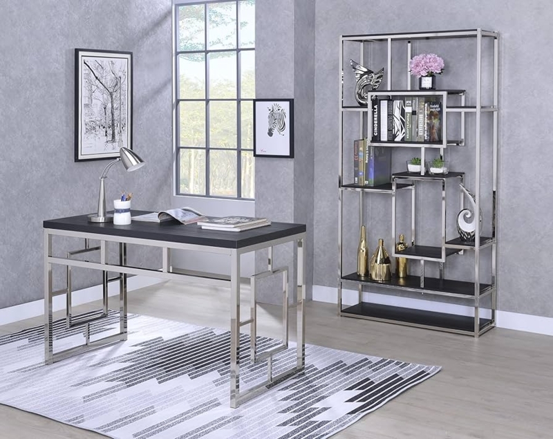 Writing Desk Contemporary Charcoal Top Chrome X-Base Wood Grain