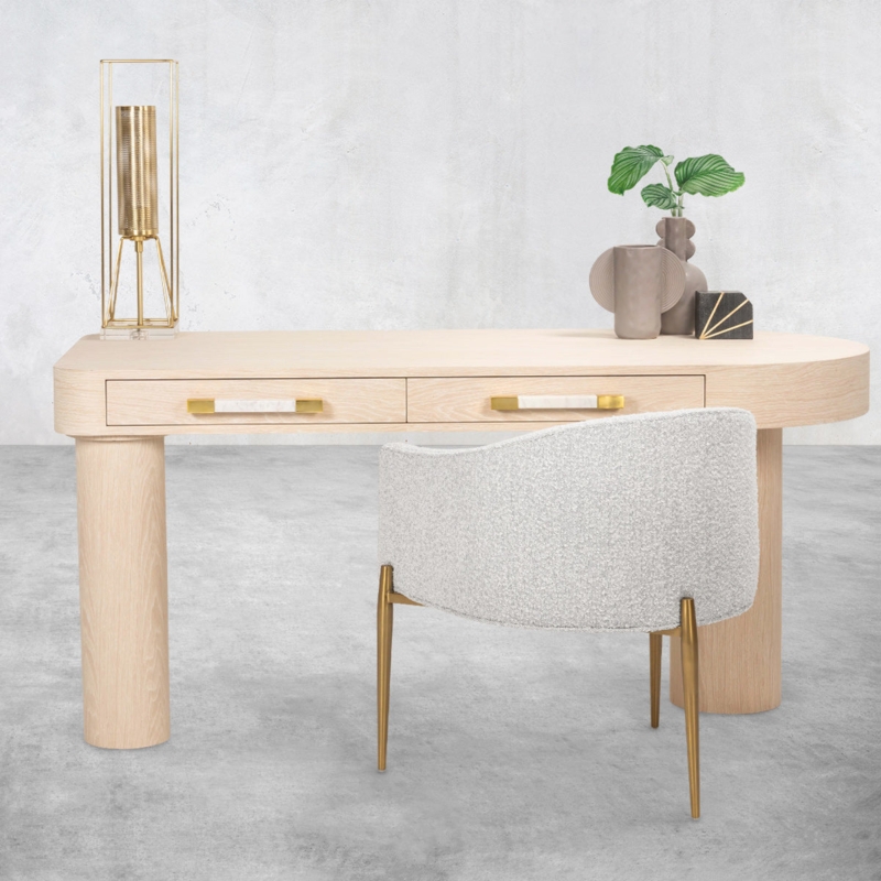 Writing Desk Cylindrical Pedestal Marble Top Brushed Brass Light Oak