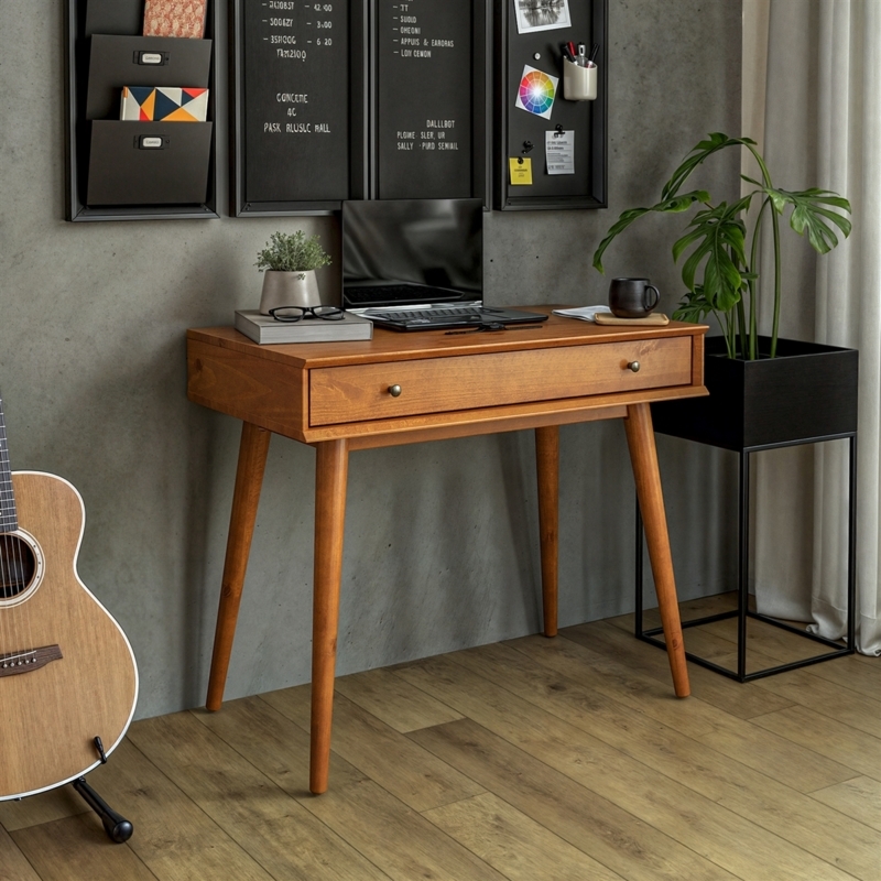 Writing Desk Dark Brown Finish Three Side Drawers Round Legs