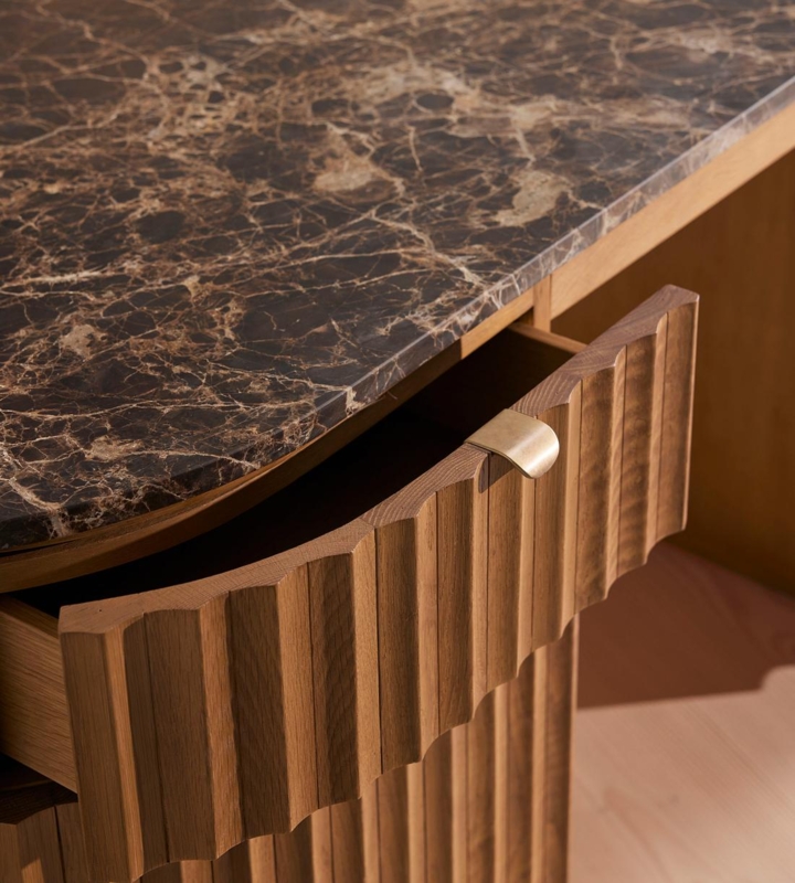Writing Desk, Dark Emperador Marble, Trestle Base, Dark Marble Top Desk