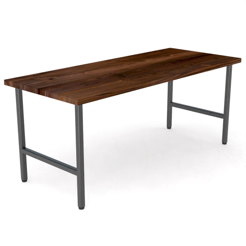 Writing Desk Distressed Finish Wood Top, Black Metal Sled Legs, Rustic.