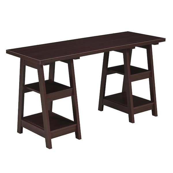 Writing Desk Double Trestle Base 54 Inch Wide Dark Brown Surface