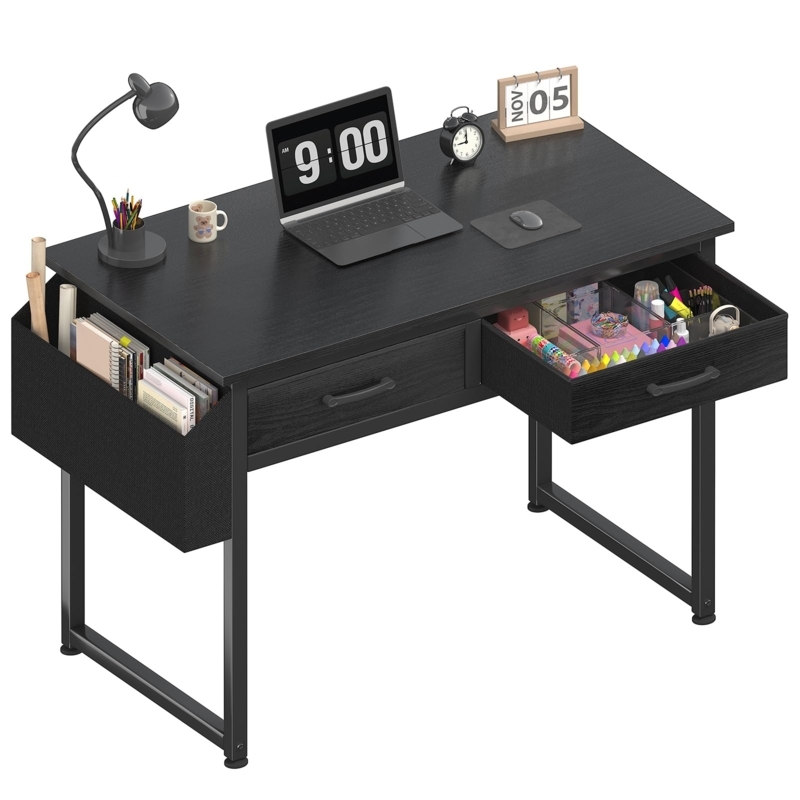 Writing Desk, Fabric Drawers, Side Organizer, Integrated Hook