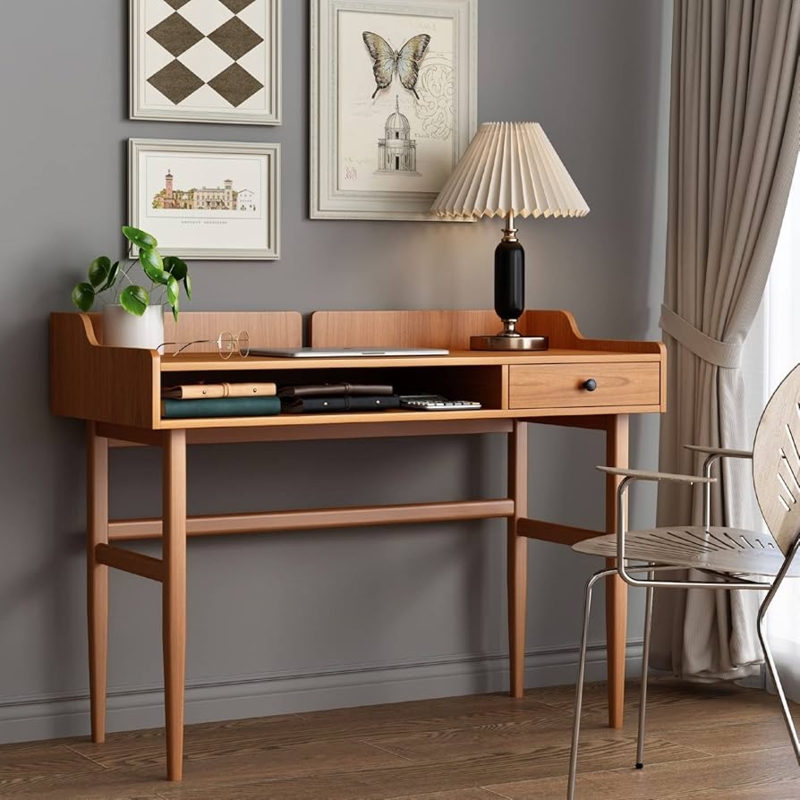 Writing Desk featuring a White Drawer Front and Open Cubby Storage.