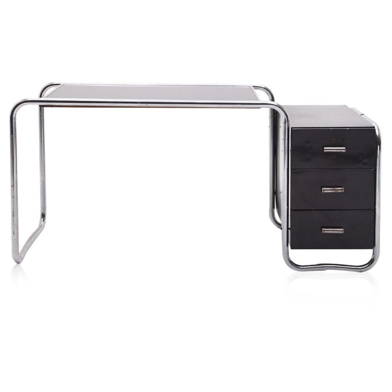 Writing Desk featuring Curved Chrome Sled Base and Black Cabinet