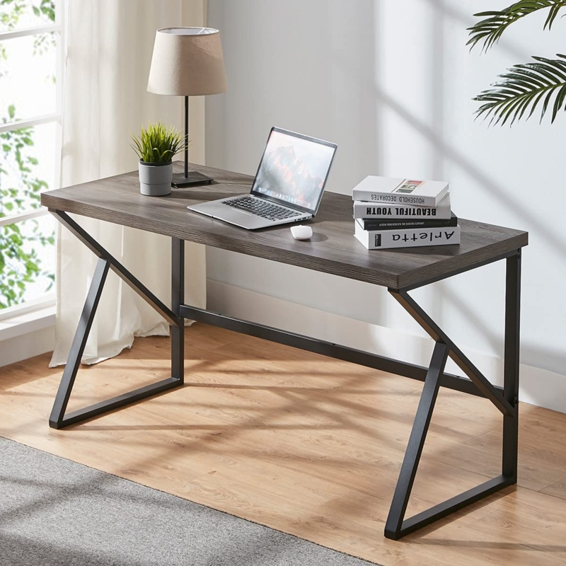 Writing Desk featuring Metal X-Frame Support, Rustic Wood Finish.