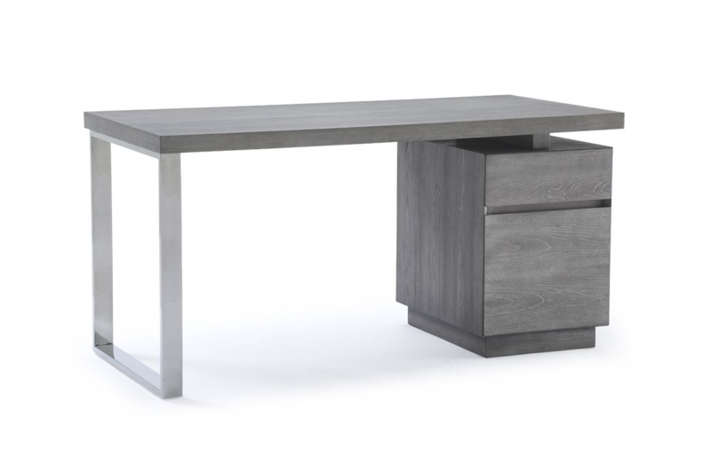 Writing Desk featuring Stainless Steel Sled Leg and Grey Elm Finish.
