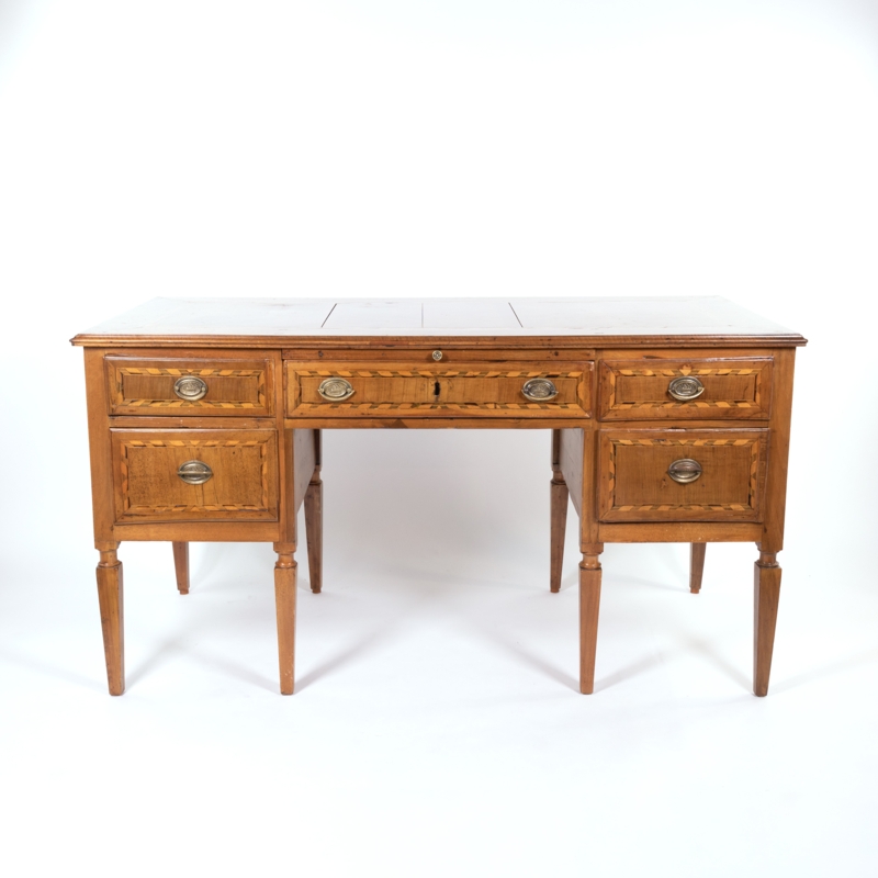 Writing Desk Five Drawer Layout Square Tapered Legs Neoclassical